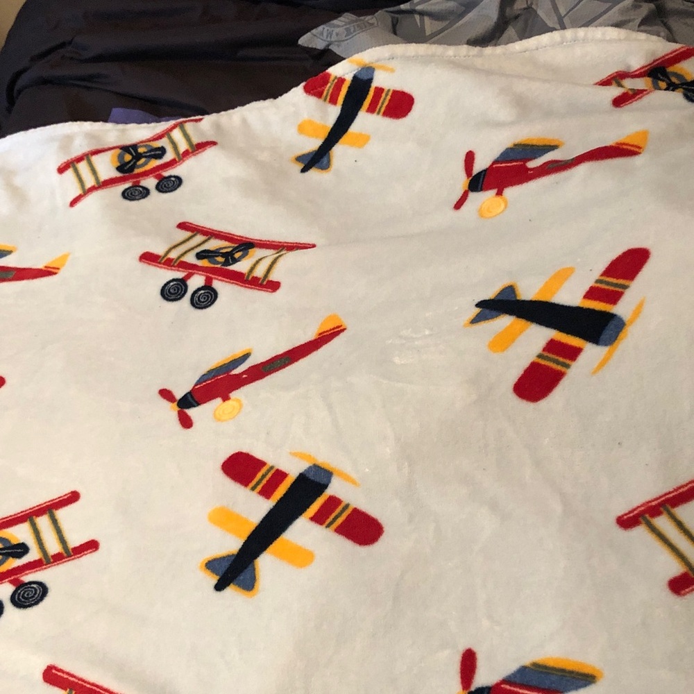 Airplane Print Fleece Throw Blanket - Red Yellow Navy on White